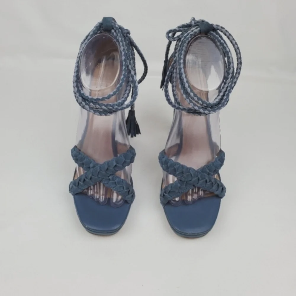 Joie blue leather lace up chunky heels sandals